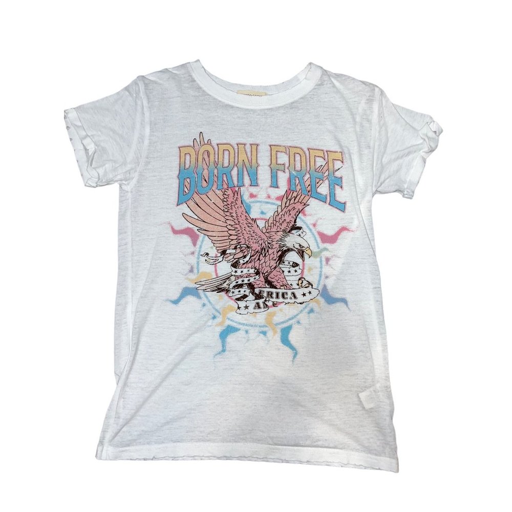 Refined Canvas Born Free Distressed Cuffed Sleeve Tee White Small NWOT